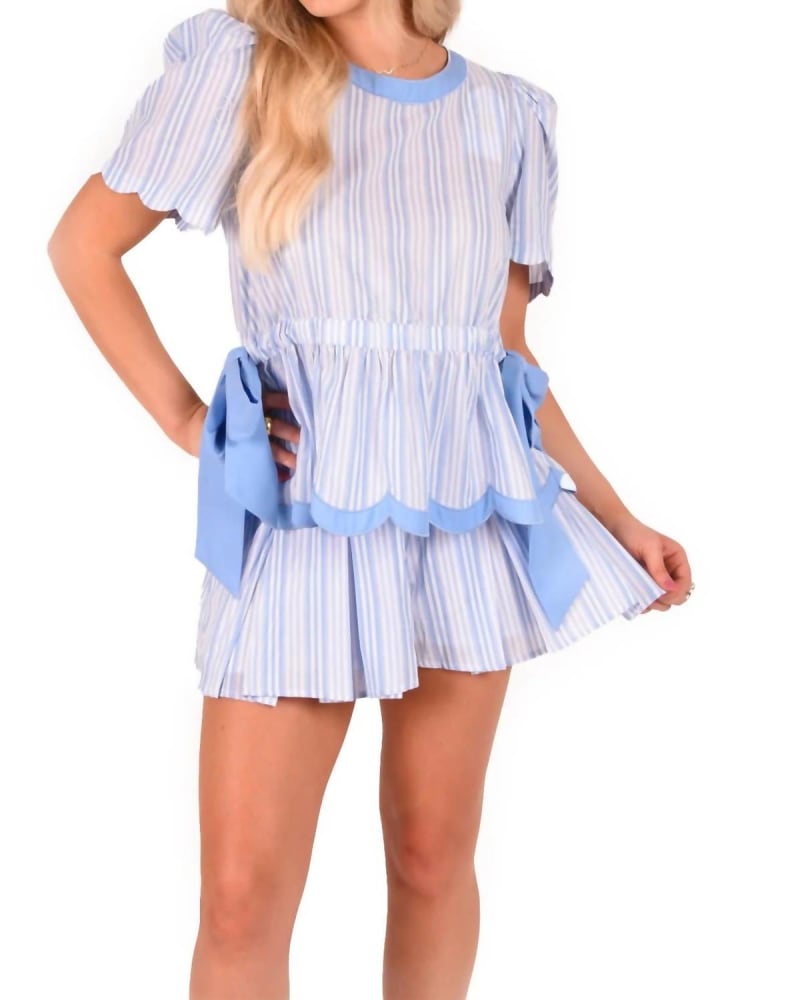 Front of a model wearing a size LARGE Sophie Scallop Top in Santorini Stripe in Santorini Stripe by Emily McCarthy. | dia_product_style_image_id:340018